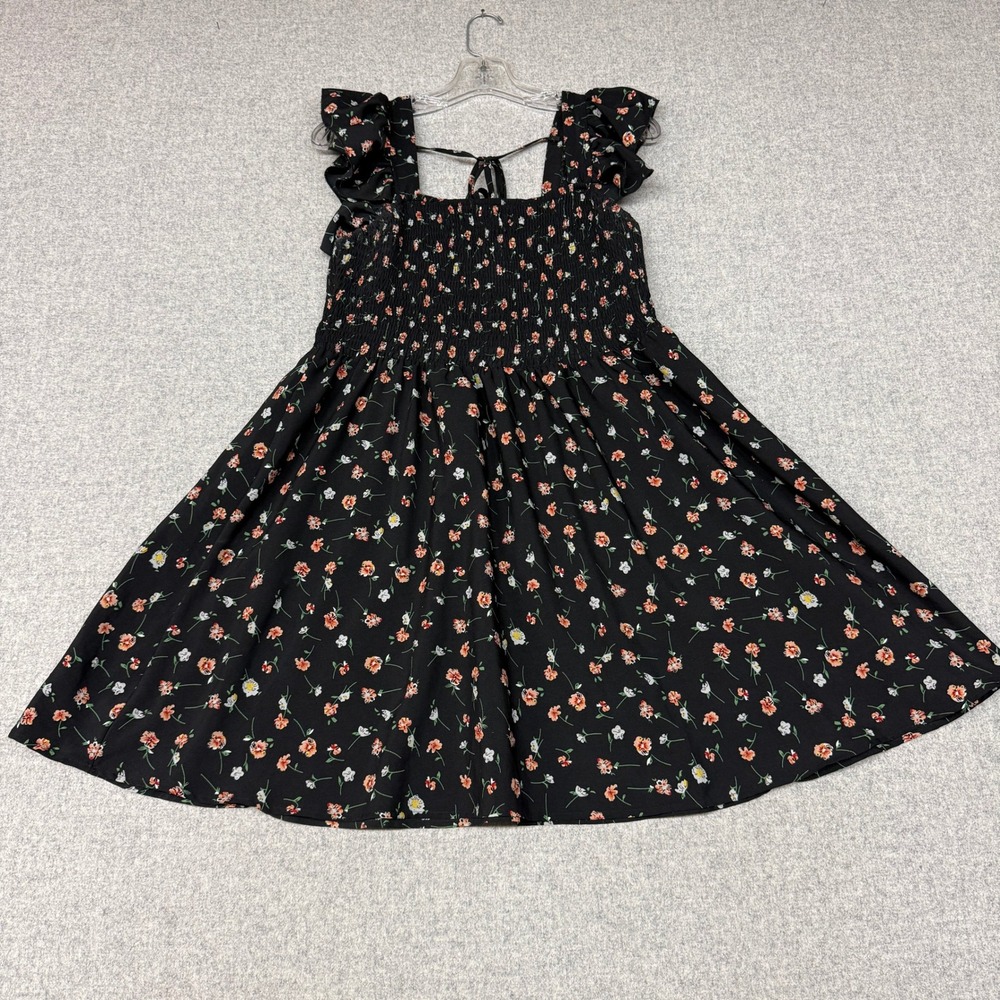 SHEIN Curve Floral Mini Dress 0XL Black Smocked Ruffle Sleeve Tie Back Summer